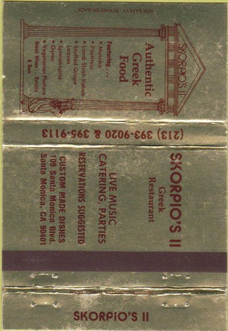 Matchbook Cover - Skorpio's Greek Restaurant Santa Monica CA 40 Strike