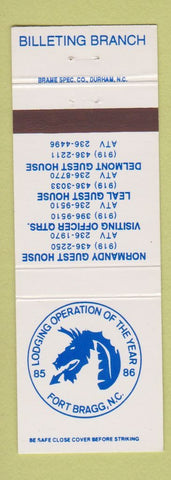 Matchbook Cover - Fort Bragg NC Billeting Branch Lodging Operation 1986