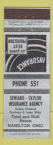 Matchbook Cover - Seward Taylor Insurance Agency Hamilton OH ADVANCE