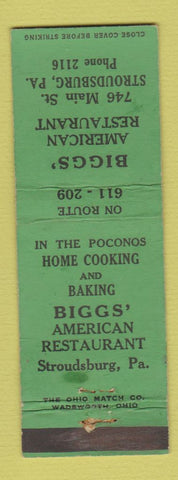 Matchbook Cover - Biggs' American Restaurant Stroudsburg PA WEAR