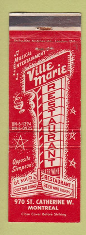 Matchbook Cover - Ville Marie Restaurant Montreal QC WORN