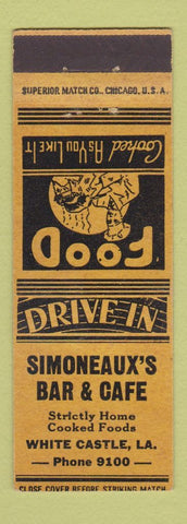 Matchbook Cover - Simoneaux's Bar Cafe White Castle LA
