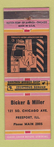 Matchbook Cover - Bicker and Miller Barber Shop Freeport IL WORN