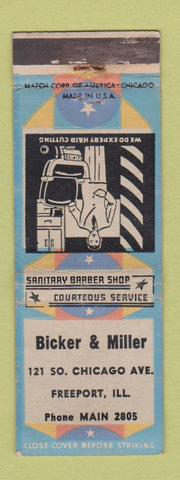 Matchbook Cover - Bicker and Miller Barber Shop Freeport IL WEAR