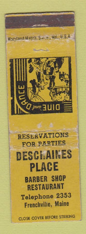 Matchbook Cover - Deschaines Place Barber Shop Restaurant Frenchville ME WORN