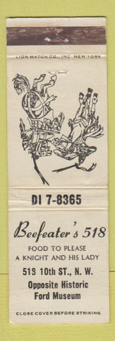 Matchbook Cover - Beafeater's 518 Restaurant Washington DC WORN