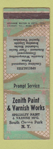 Matchbook Cover - Zenith Paint Varnish South Ozone Park NY ADVANCE WORN