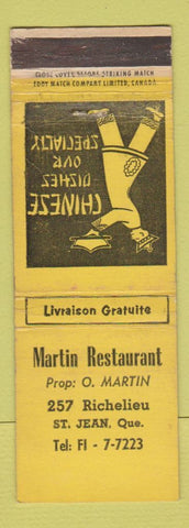 Matchbook Cover - Martin Restaurant Chinese St Jean QC