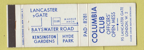 Matchbook Cover - Columbia Club London UK England Officers' Mess Military