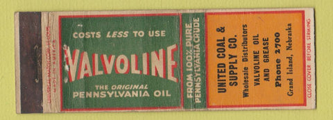 Matchbook Cover - Valvoline oil gas United Coal Supply Grand Island NE WORN