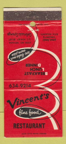 Matchbook Cover - Vincent's Restaurant Colorado Springs 30 Strike