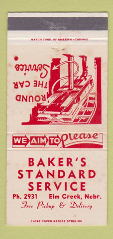 Matchbook Cover - Baker's Standard oil gas Elm Creek NE WEAR 30 Strike