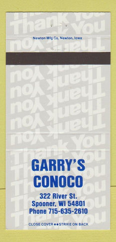 Matchbook Cover - Garry's Conoco oil gas Spooner WI 30 Strike