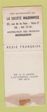 Matchbook Cover - Monarch Orange Drink France WEAR SAMPLE