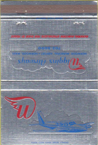 Matchbook Cover - Wiggins Airways airplanes Norwood MA plane sales 40 Strike