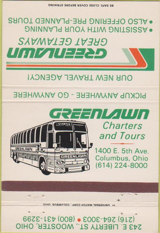 Matchbook Cover - Greenlawn Charters bus Wooster OH Columbus 40 Strike