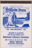Matchbook Cover - William Penn Hotel Traylor Allentown PA RMS 1962 40 Strike