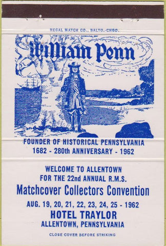 Matchbook Cover - William Penn Hotel Traylor Allentown PA RMS 1962 40 Strike
