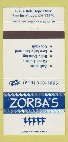 Matchbook Cover - Zorba's Greek Restaurant Rancho Mirage CA 30 Strike
