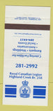 Matchbook Cover - Royal Canadian Legion Highland Creek ON 30 Strike