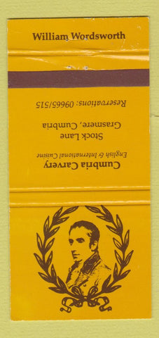 Matchbook Cover - William Wordsworth Cambria Cavery Grasmere Cumbria 30 Strike