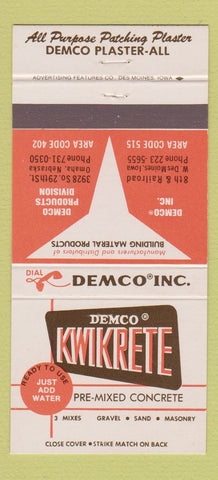 Matchbook Cover - Demco Kwikrete Concrete West Des Moines IA Omaha NE 30 Strike