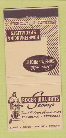 Matchbook Cover - Roger Williams Savings Providence Pawtucket RI 30 Stick