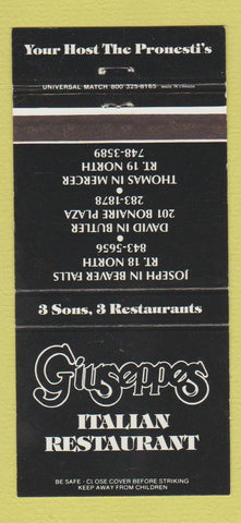 Matchbook Cover - Giuseppes Italian Mercer Butler Beaver Falls PA WEAR 30 Strike