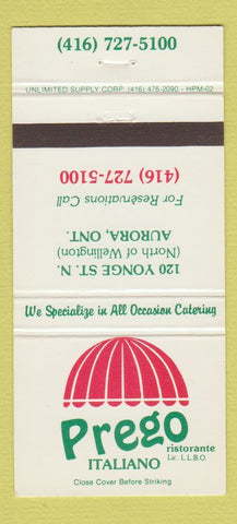 Matchbook Cover - Prego Italian Restaurant Aurora ON 30 Strike
