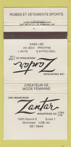 Matchbook Cover - Zantar Industries Sports Montreal QC 30 Strike