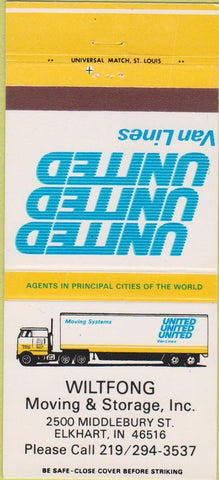 Matchbook Cover - United Van Lines Wiltfong Elkhart IN trucking  30 Strike