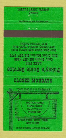 Matchbook Cover - Pokey's Guide Service Lake Ivie Brownwood TX 30 Strike