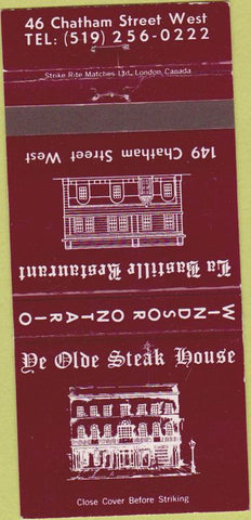 Matchbook Cover - Ye Olde Steak House Chatham ON 30 Strike