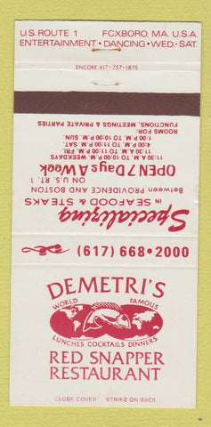 Matchbook Cover - Demetri's Red Snapper Restaurant Foxboro MA WEAR 30 Strike