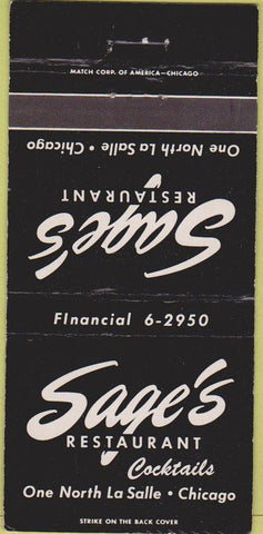 Matchbook Cover - Sage's Restaurant Chicago IL 30 Strike