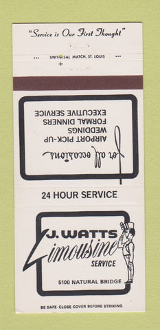 Matchbook Cover - J Watts Limo Service St Louis MO 30 Strike