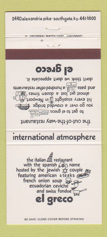 Matchbook Cover - El Greco Restaurant Southgate KY 30 Strike