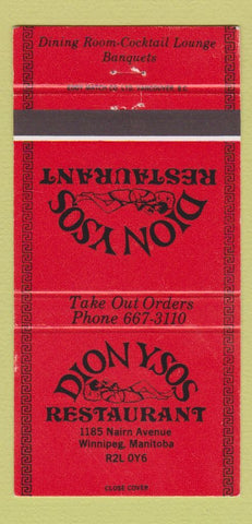 Matchbook Cover - Dion Ysos Restaurant Winnipeg MB 30 Strike