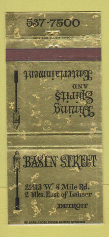Matchbook Cover - Basin Street Restaurant Detroit MI POOR SURFACE 30 Strike