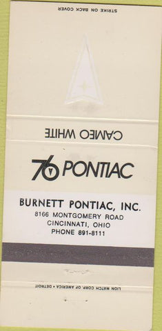 Matchbook Cover - 1976 Pontiac Cincinnati OH Burnett 30 Strike