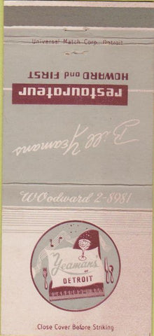 Matchbook Cover - Bill Yeamans Restaurant Detroit MI 30 Strike