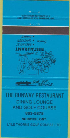 Matchbook Cover - Runway Restaurant Norwich ON golf course 30 Strike