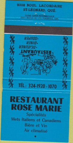 Matchbook Cover - Restaurant Rose Marie St Leonard QC 30 Strike