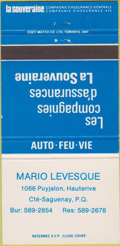 Matchbook Cover - Mario Levesque Cte Saguenay QC Insurance 30 Strike