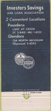 Matchbook Cover - Investors Savings Bank Glendora Pasadena CA 30 Strike