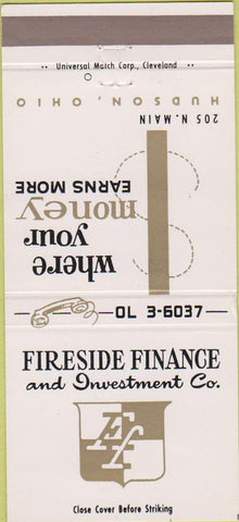 Matchbook Cover - Fireside Finance Investment Co Hudson OH 30 Strike