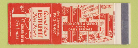 Matchbook Cover - Grand View Restaurant St Louis MO