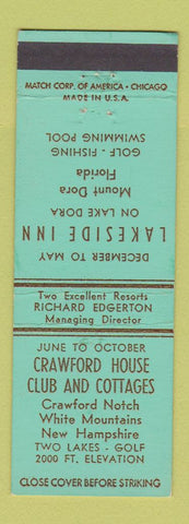 Matchbook Cover Crawford House Club Crawford Notch NH Lakeside Inn Mount Dora FL