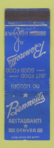 Matchbook Cover - Bennetts Restaurant Denver Colorado WEAR