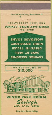 Matchbook Cover - Winter Park Federal Savings FL 30 Strike